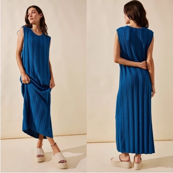 Free People Dresses & Skirts - Free People Beach Theo Sweater Midi Dress Blue Ribbed Relaxed Fit Sz M NEW